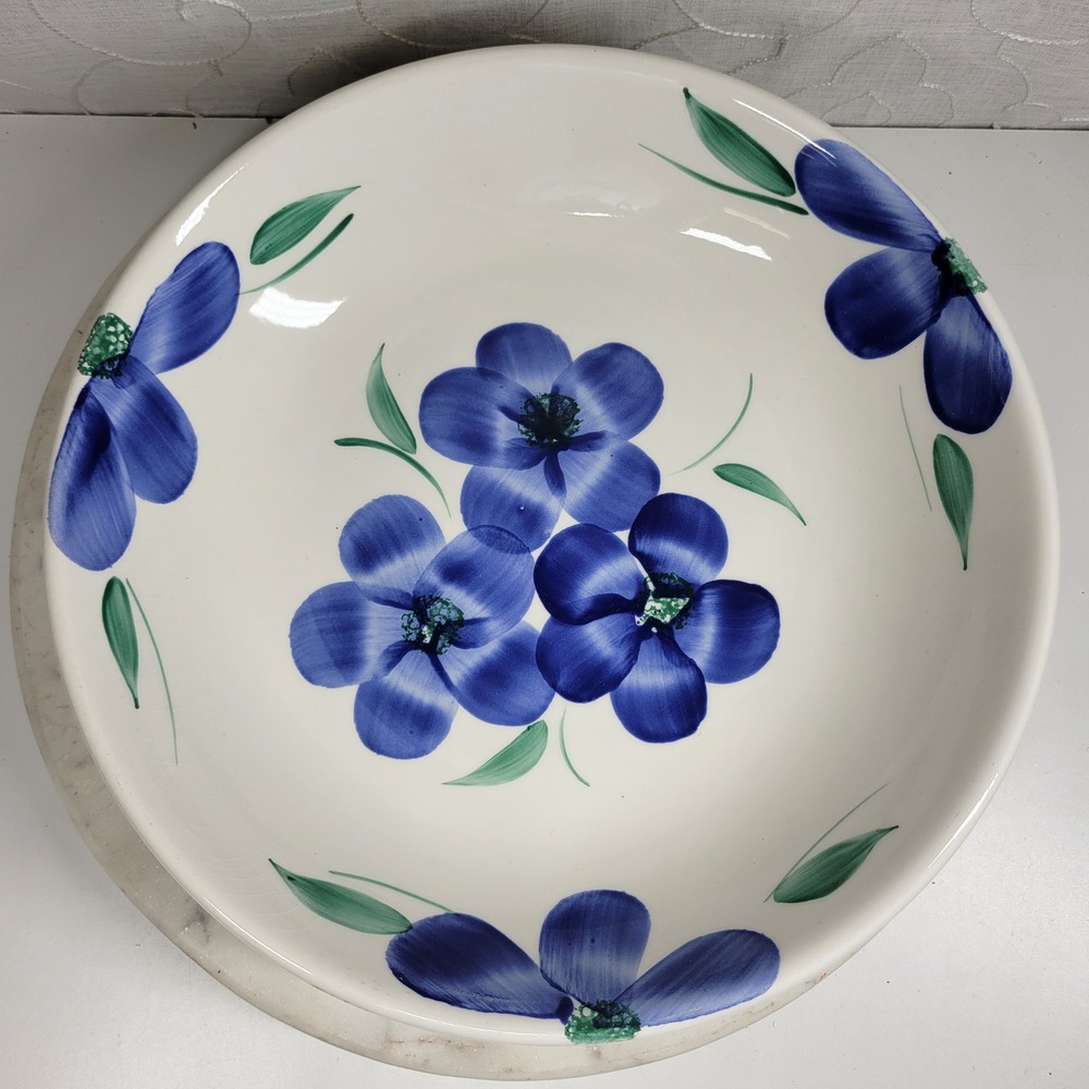Pier 1 Tre Ci Floral Pasta Salad Bowl 12" Ceramic Handpainted Blue Italy Vintage